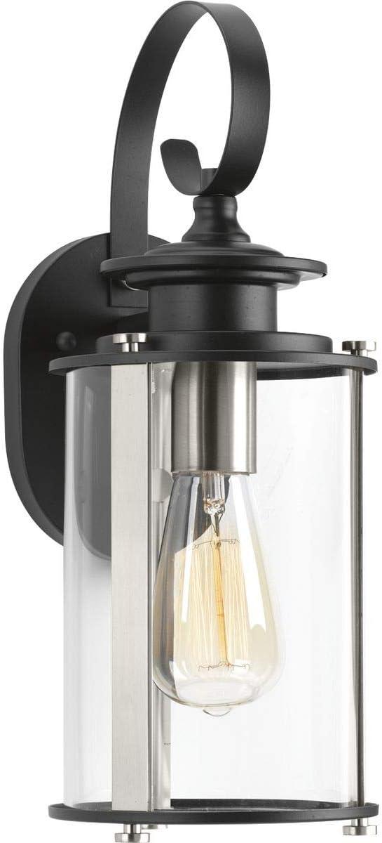 Progress Lighting Squire 1-Light Small Wall Lantern, Steel, Black Finish, Clear Glass Shade