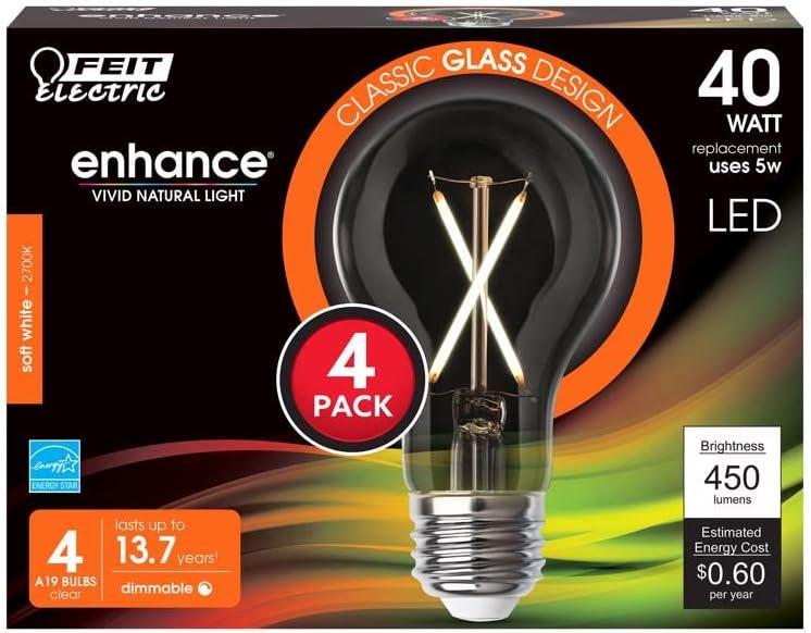 Feit Electric A19 E26 (Medium) Filament LED Bulb Clear 40 Watt Equivalence 4 pk