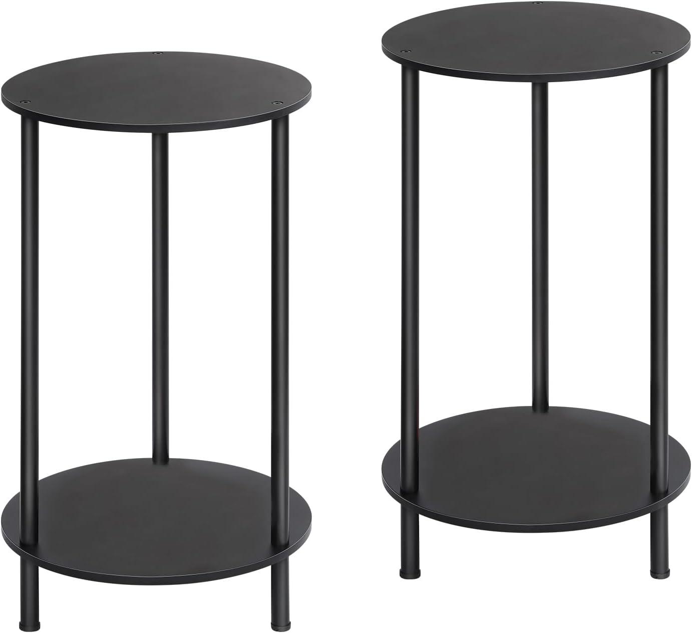 Black Round Wood and Metal 2-Tier Side Tables, Set of 2