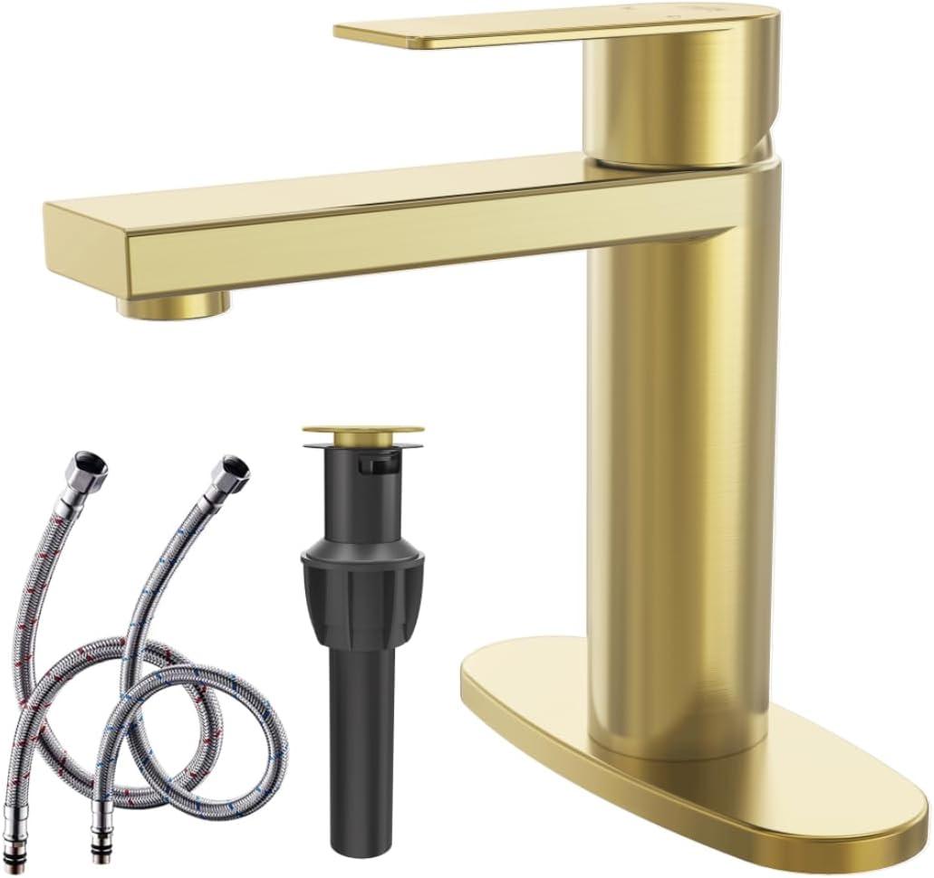 Brushed Gold Bathroom Faucet Gold Bathroom Sink Faucet Single Handle Gold Bathroom Faucet Modern Single Hole Faucet Bathroom with Pop-up Sink Drain Stopper & Deck Plate 1 or 3 Hole Bathroom Faucet