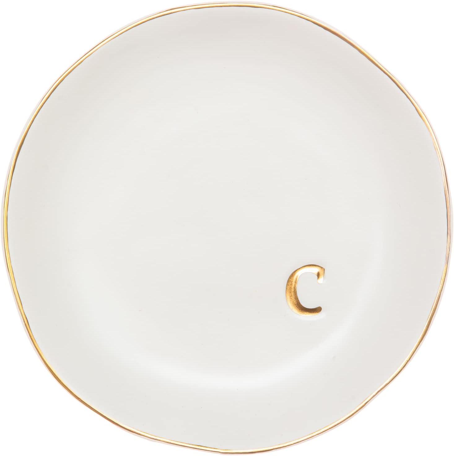 White Ceramic Jewelry Dish with Gold Monogram Accent