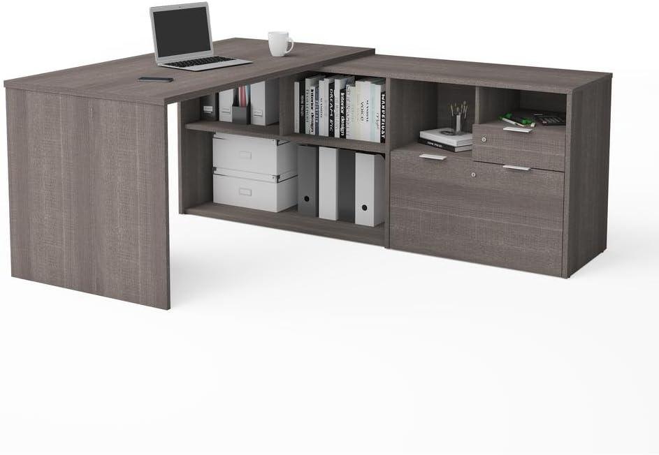 Bark Grey L-Shaped Wood Home Office Desk with Drawer