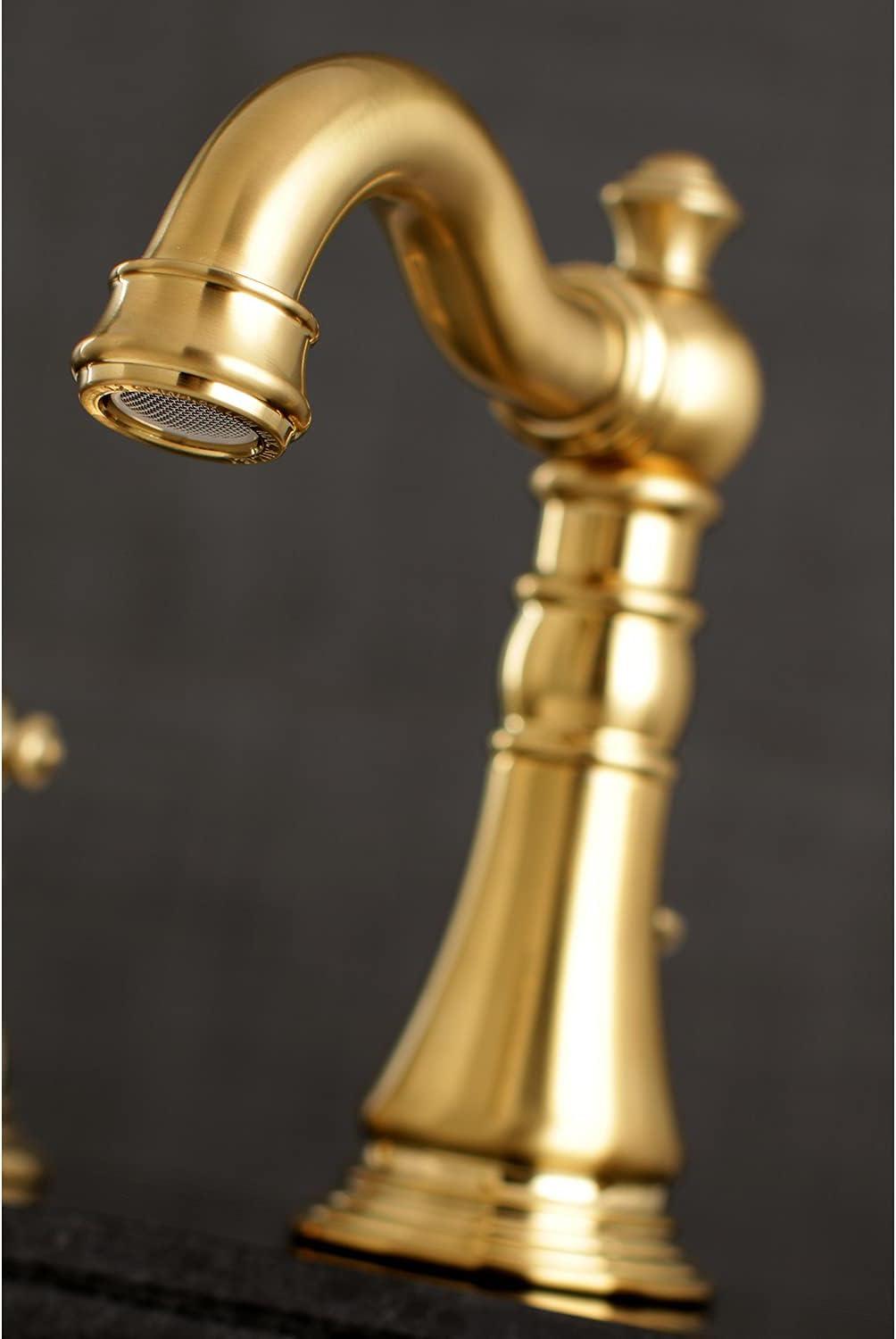 Kingston Brass American Patriot Two-Handle 3-Hole Deck Mount Widespread Bathroom Faucet with Brass Pop-Up Drain