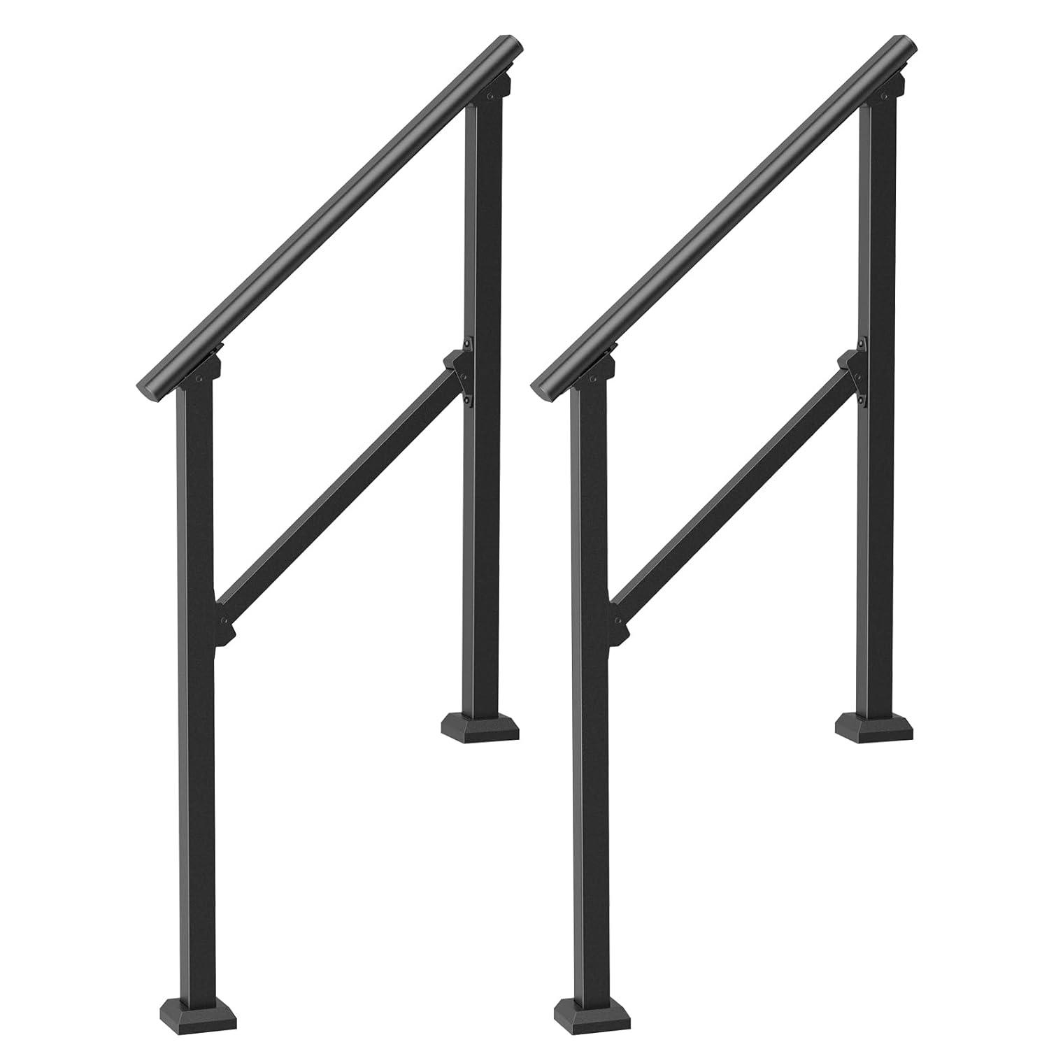 VEVOR Handrails for Outdoor Steps, 2 PCS 2-3 Step Stair Hand Rail Kit, Transitional Carbon Steel Railings with Installation Kit, Stair Rails for Seniors, Concrete & Porch & Deck, Black Square Tube