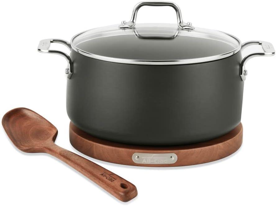 All-Clad HA1 Hard Anodized Nonstick Cookware, Dutch Oven with Acacia Wood Trivet & Spoon and Glass Lid, 6 quart