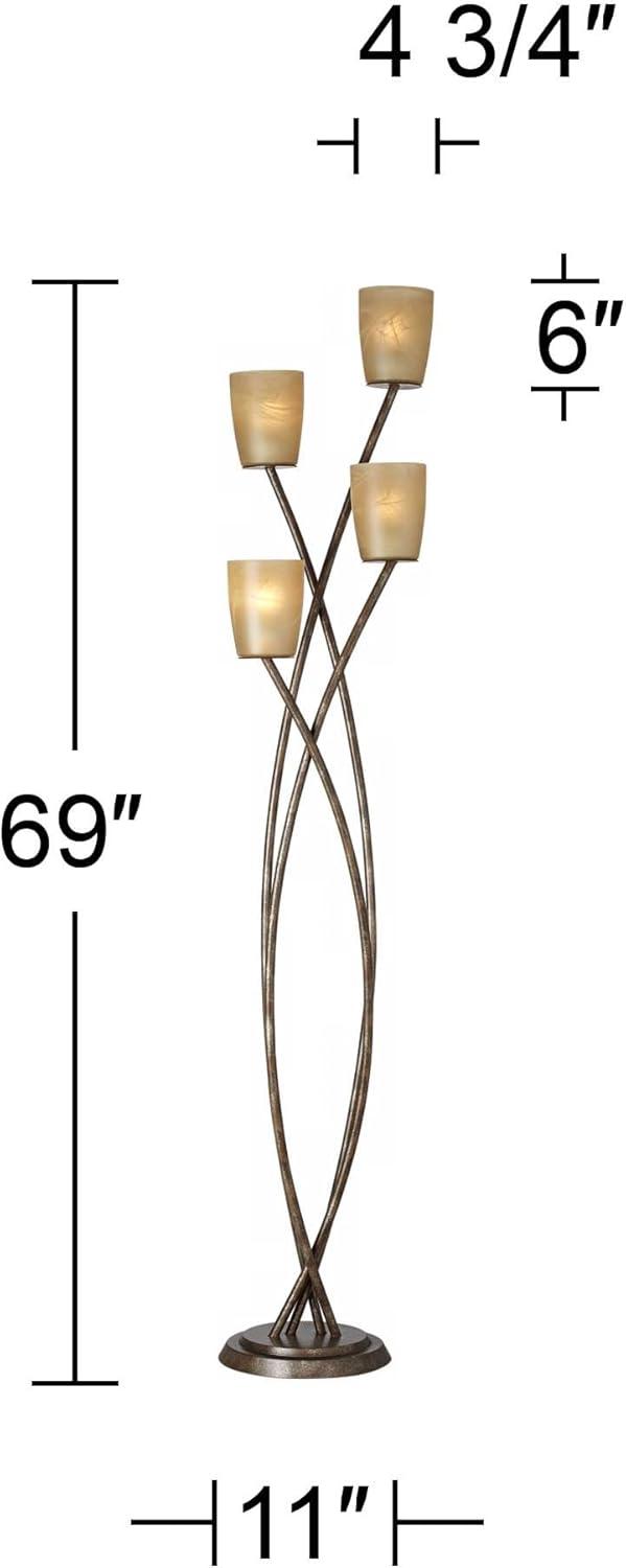 Kathy Ireland Metro Plaza Modern Glam 69" Tall Standing Floor Lamp Tree 4-Light Foot Switch Brown Metal Copper Bronze Finish Living Room Bedroom House