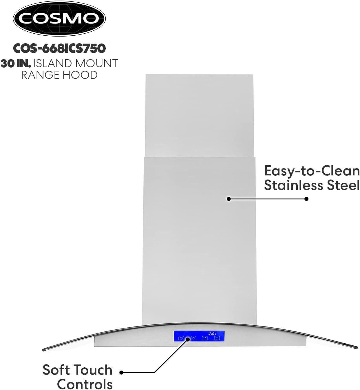 Cosmo 30 in. Ducted Island Range Hood in Stainless Steel with LED Lighting and Permanent Filters