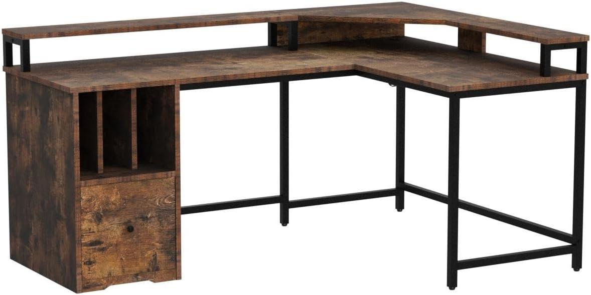 Rustic Brown L-Shaped Computer Desk with Power Outlets and Drawer