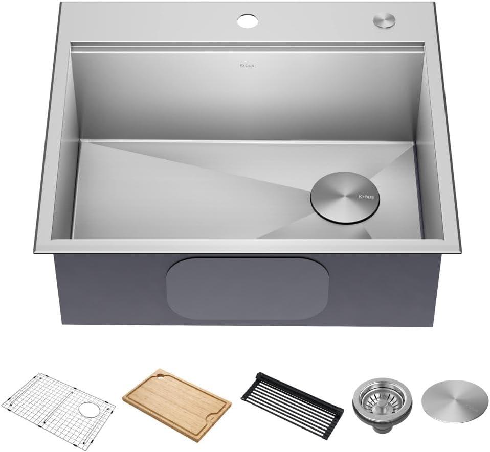 Kraus KWT311-25 KRAUS Kore™ Workstation 25-inch L Drop-In 16 Gauge Single Bowl Stainless Steel Kitchen Sink with Accessories