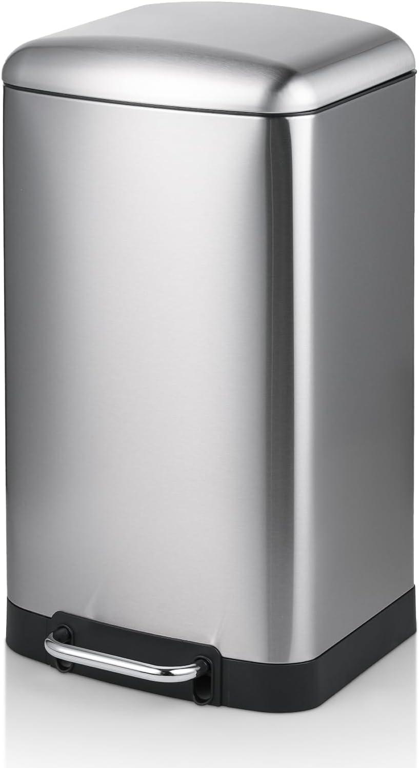 MoNiBloom 10.5 Gallon Trash Can, Hands-Free Stainless Steel Kitchen Step On Trash Can with Lid, Bathroom Waste Bin with Removable Liner Bucket and Handle, Silver