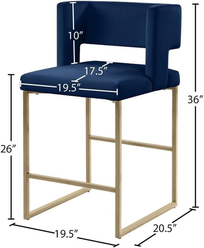 Caleb Navy Velvet Counter Stool with Gold Iron Legs, Set of 2