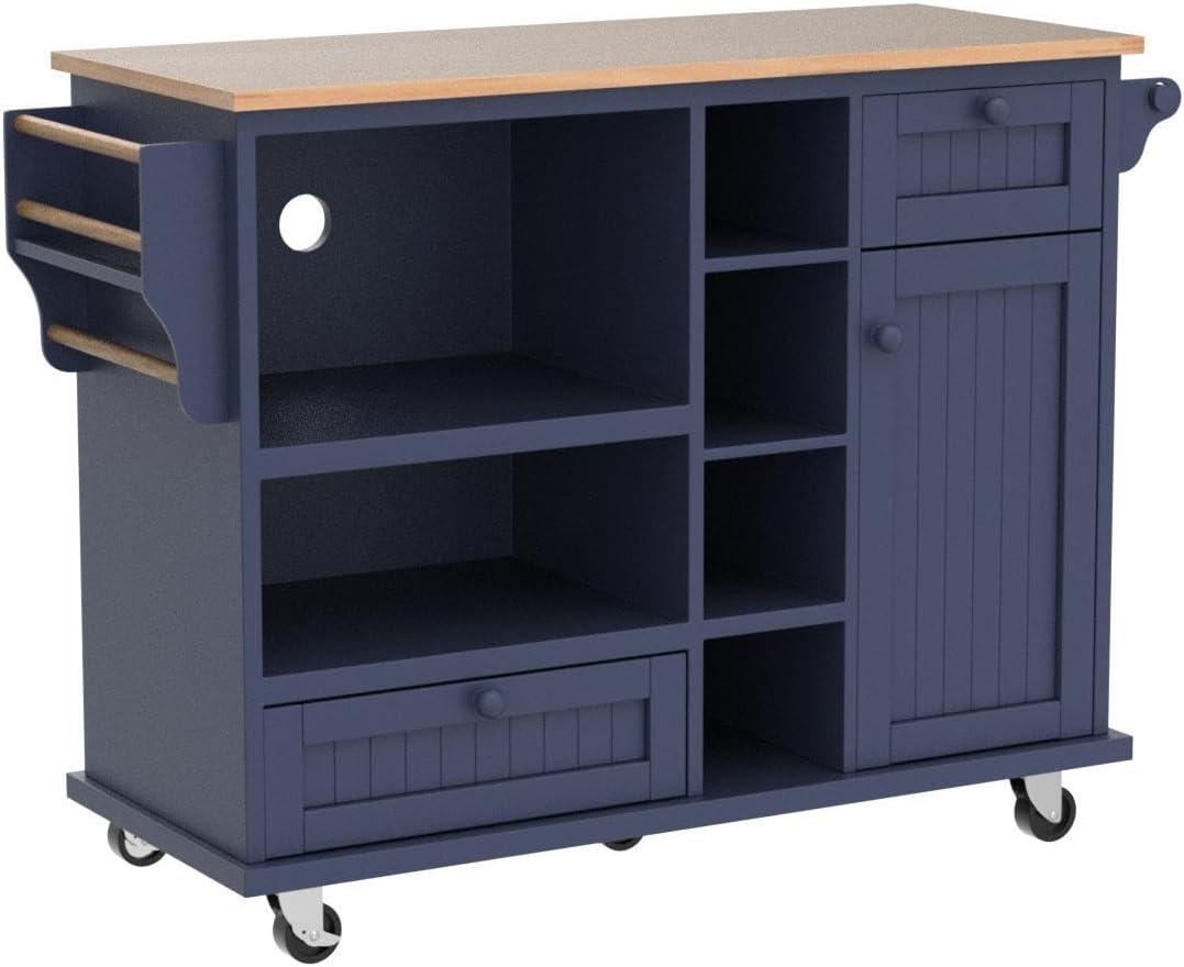 Dark Blue Wood Kitchen Island Cart with Storage and Wheels