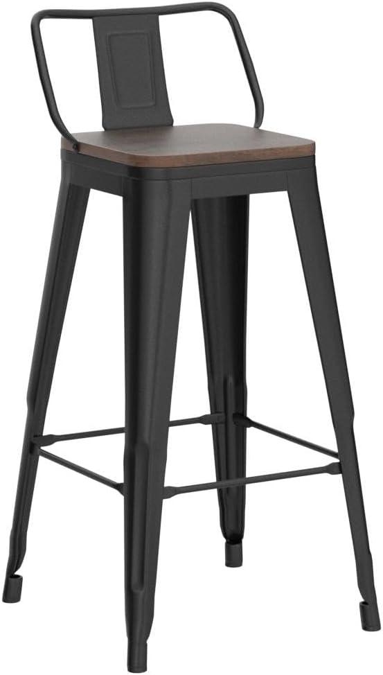 Industrial Black Metal Bar Stools with Wood Seats, Set of 4