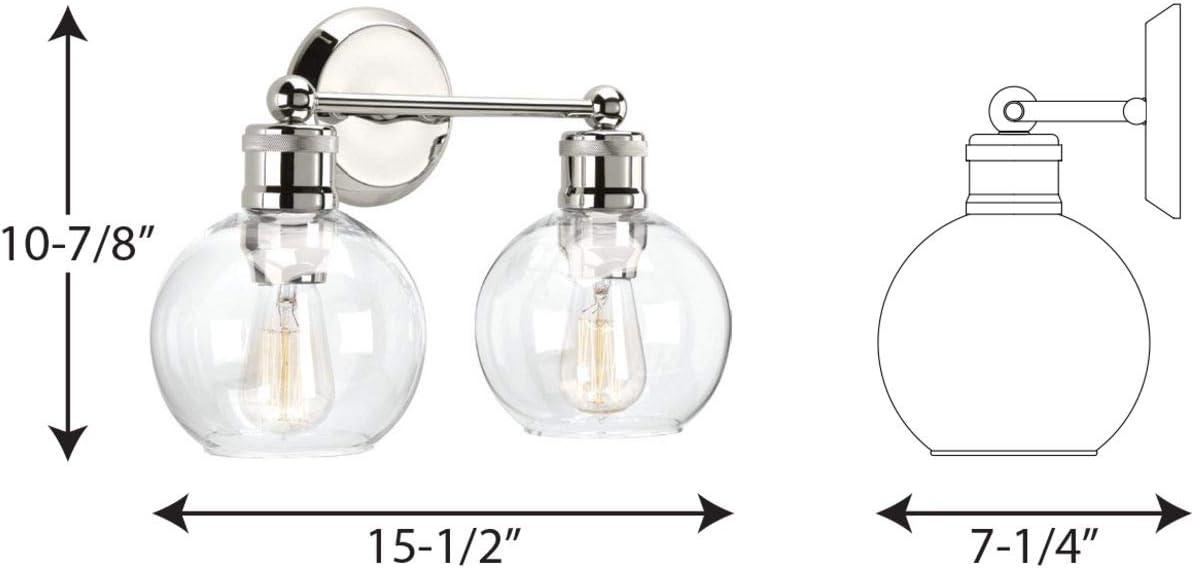 Progress Lighting Hansford 2-Light Bath Vanity Fixture, Polished Nickel, Clear Glass Shade