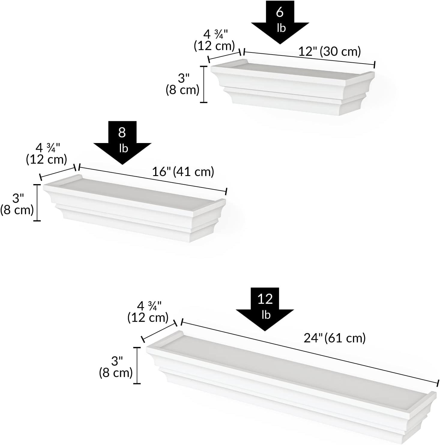 Ballucci Victorian Wall Ledge and Shelf, Wood Floating Wall Shelves Set, 12", 16", 24", Set of 3, White
