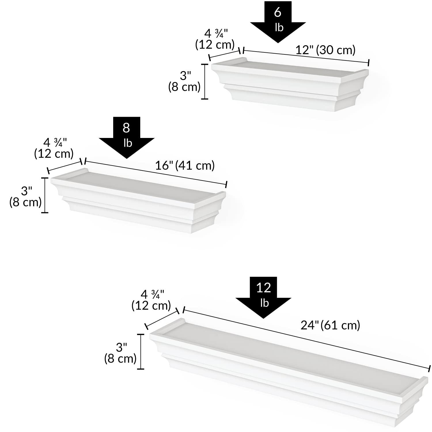 Ballucci Victorian Wall Ledge and Shelf, Wood Floating Wall Shelves Set, 12", 16", 24", Set of 3, White