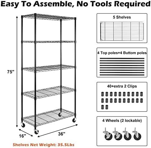 5 Tier NSF Metal Shelf Wire Shelving Unit, 60" H x 30" L x 14" D - 750lbs Capacity Heavy Duty Adjustable Storage Rack with Wheels & Shelf Liners for Closet Kitchen Garage Basement and More - Black