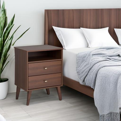 Prepac Milo Mid-Century Modern 2 Drawers Tall Nightstand with Shelf Cherry: Laminated, MDF, Metal Hardware