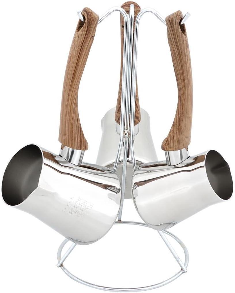 Serenk Turkish Coffee Pot Set, 4-Piece Stainless Steel w/Stand, 2-4 Cup Sizes, 18/10 Steel, Gas Stove Compatible