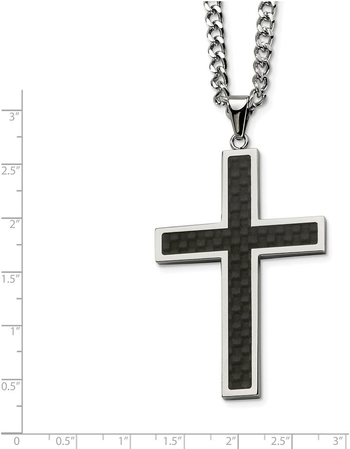 Black Bow Jewelry Men's Stainless Steel & Blk Carbon Fiber Large Cross Necklace, 24 Inch