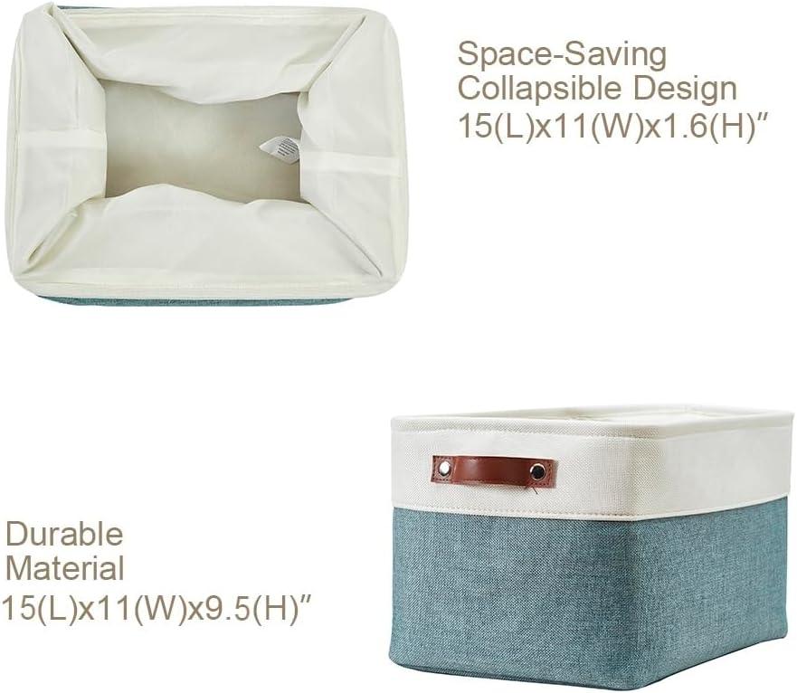 Teal and White Large Fabric Storage Bins with Handles, Set of 3