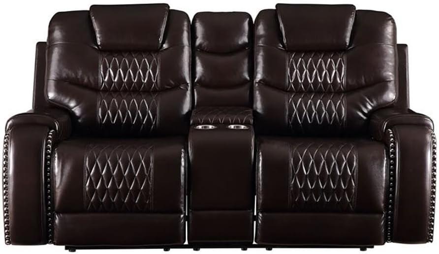 78" Braylon Active Sitting Chair Brown PU - Acme Furniture: Loveseat with Console & Cup Holders
