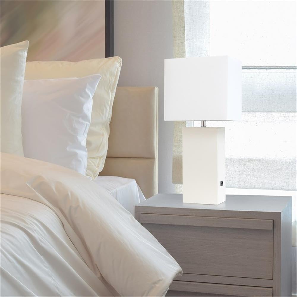 Lalia Home 21" Lexington Leather Base Modern Home Decor Bedside Table Lamp with USB Charging Port White : Fabric Shade