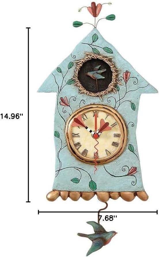 Enesco Allen Designs Birdhouse with Flowers Cuckoo Wall Clock - Battery Operated Pendulum Analog Clock, Stone Resin Decorative Clocks for Walls Home Decor Kitchen Clocks, 14.9 Inch