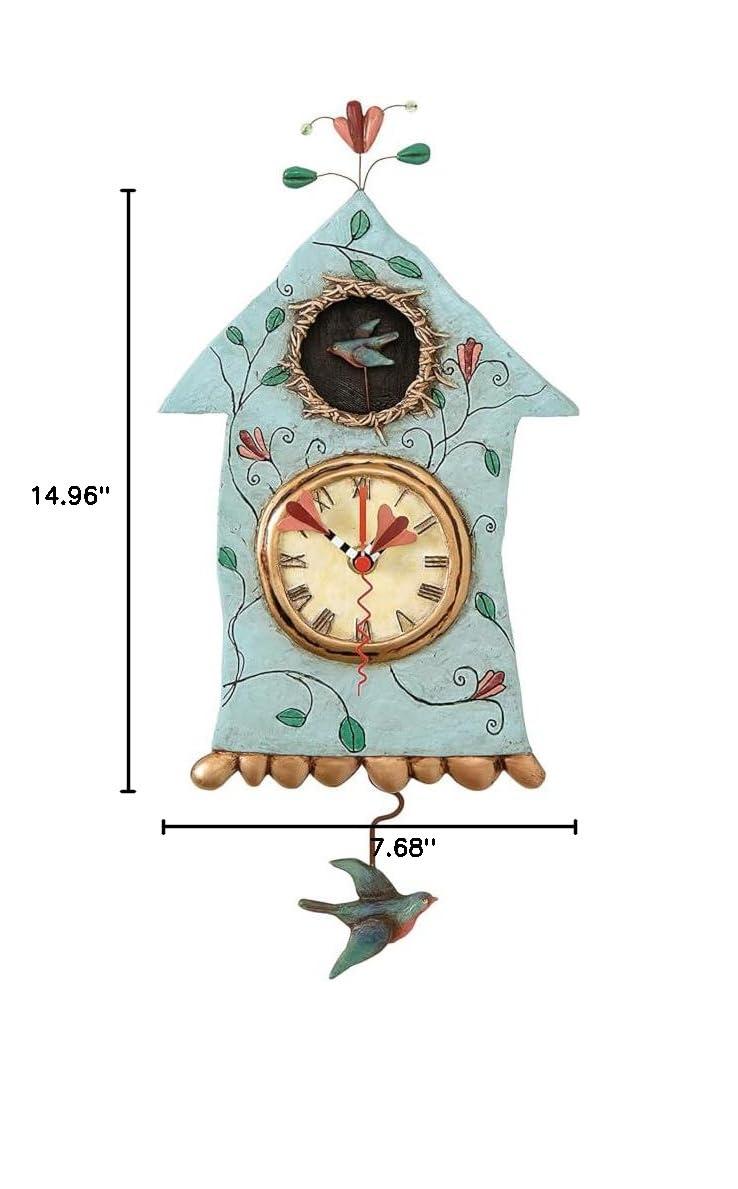 Enesco Allen Designs Birdhouse with Flowers Cuckoo Wall Clock - Battery Operated Pendulum Analog Clock, Stone Resin Decorative Clocks for Walls Home Decor Kitchen Clocks, 14.9 Inch