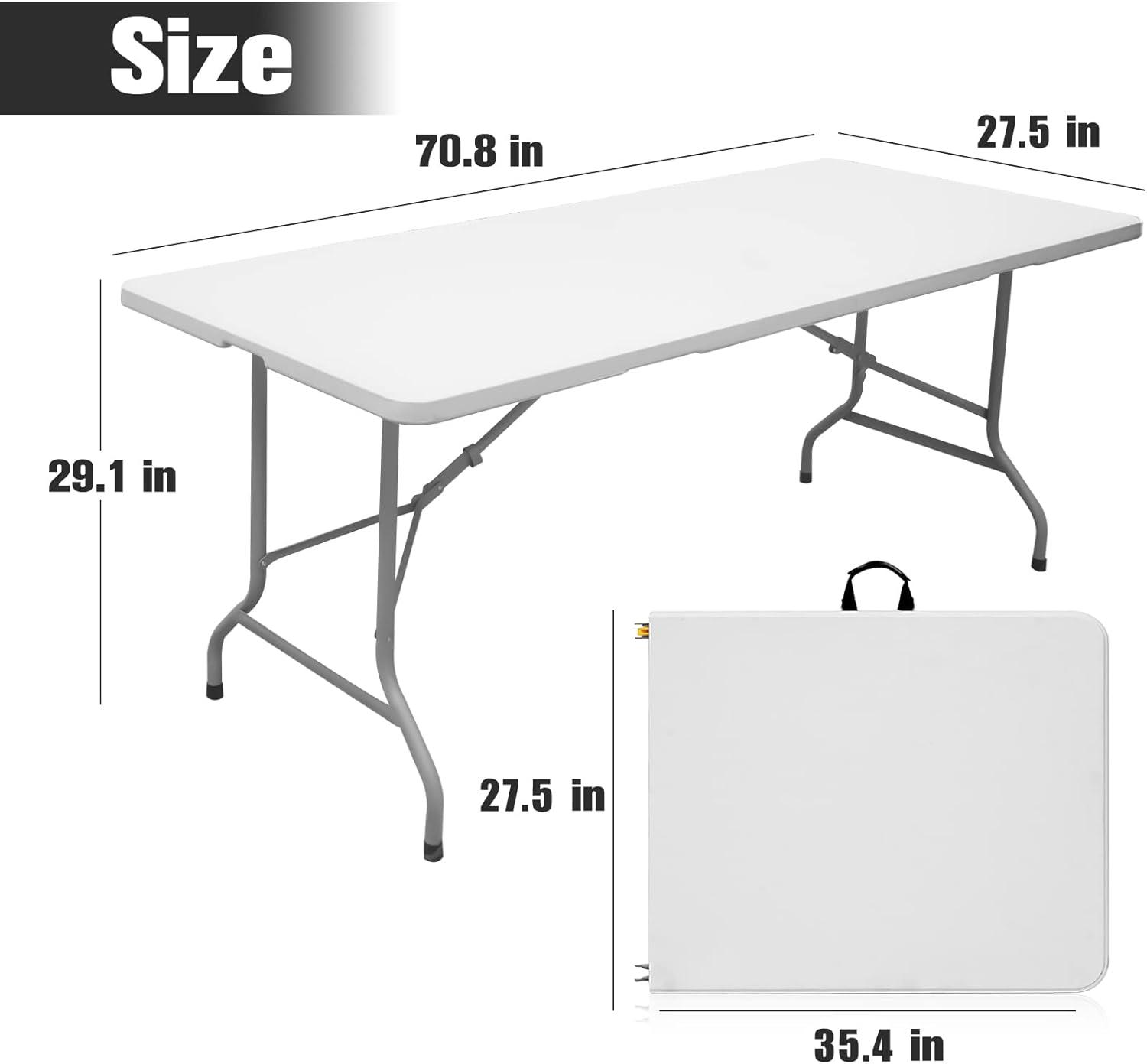 Folding Table 6ft Portable Heavy Duty Plastic Fold-in-Half Utility Foldable Table Plastic Dining Table Indoor Outdoor for Camping, Picnic and Party, White