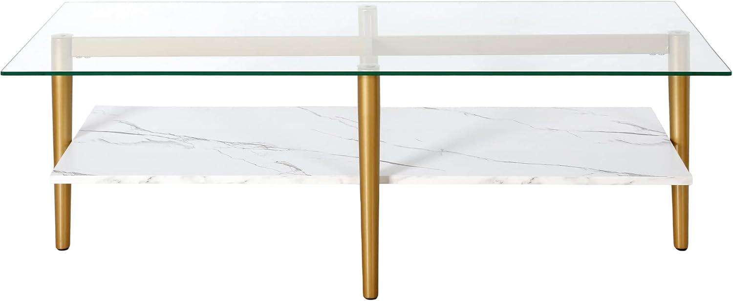 Evelyn&Zoe Otto 47" Wide Rectangular Coffee Table with Faux Marble Shelf, Brass