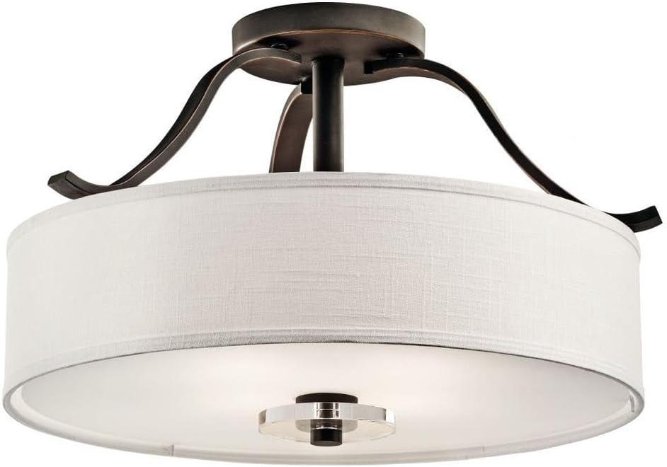 Leighton 22" White Linen Drum Shade Bronze Semi-Flush Ceiling Light