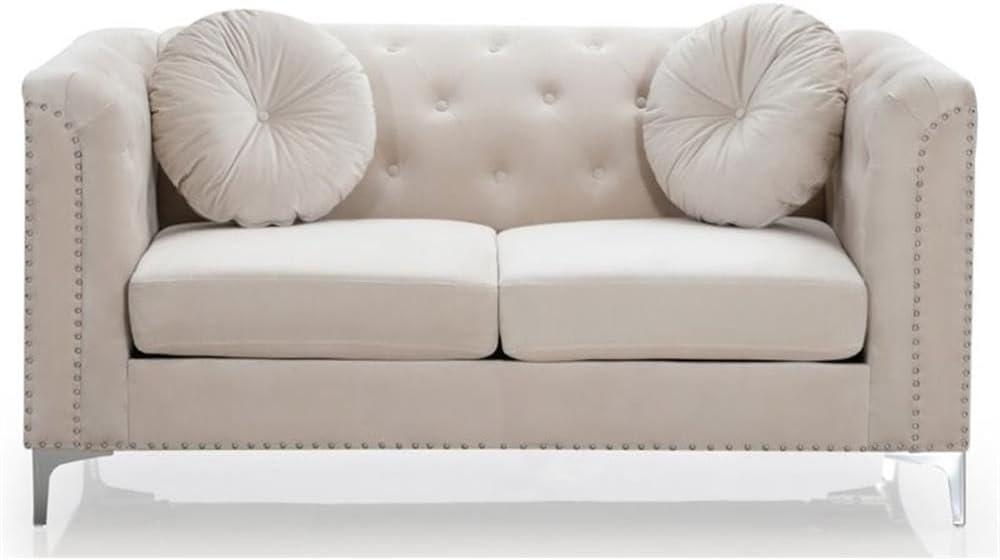 Ivory Velvet Tufted Loveseat with Nailhead Trim