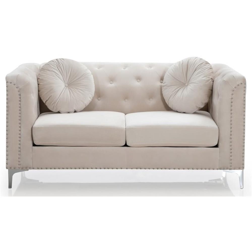 Ivory Velvet Tufted Loveseat with Nailhead Trim