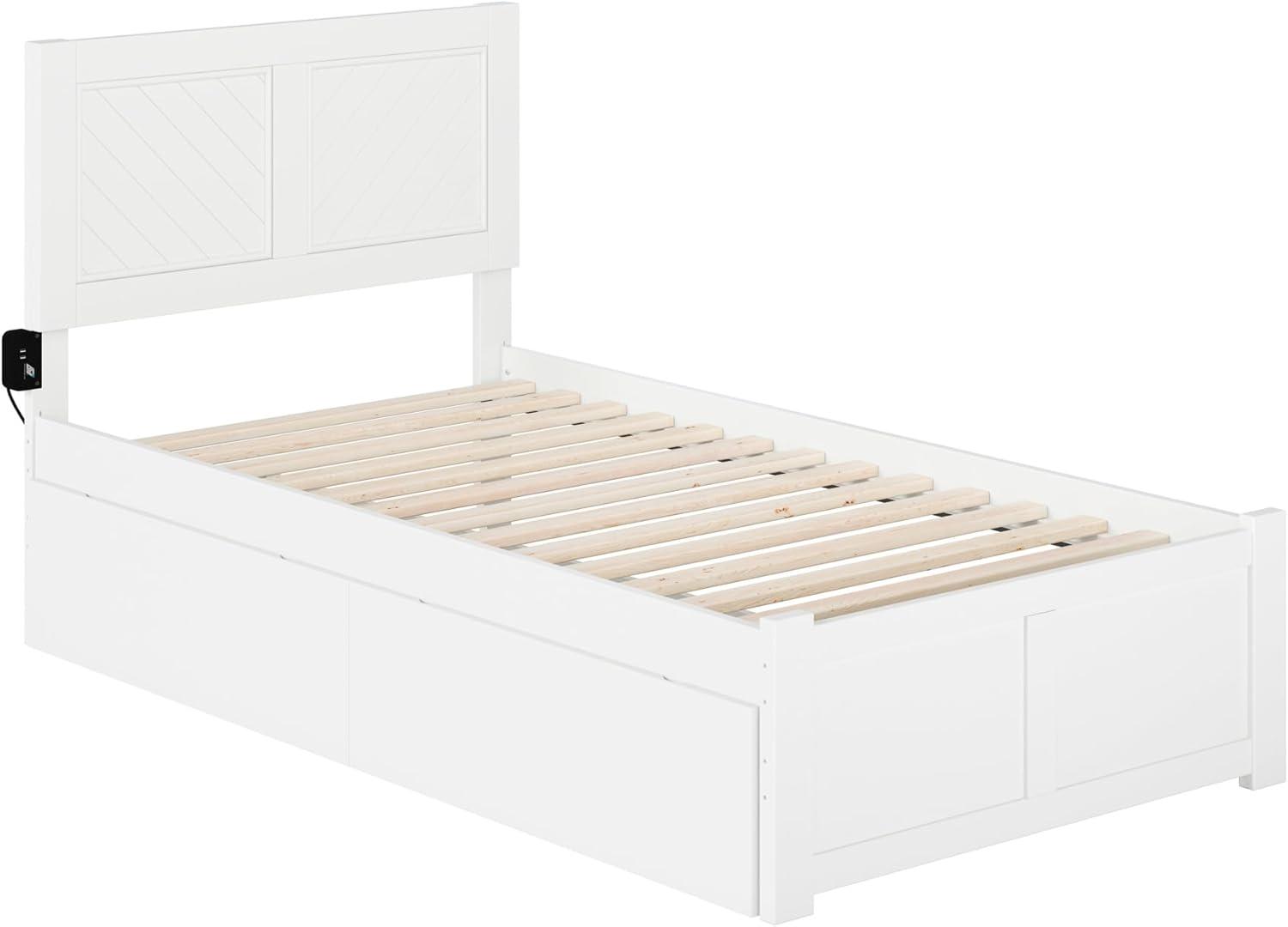 White Twin XL Wood Platform Bed with Chevron Headboard and Storage Drawers