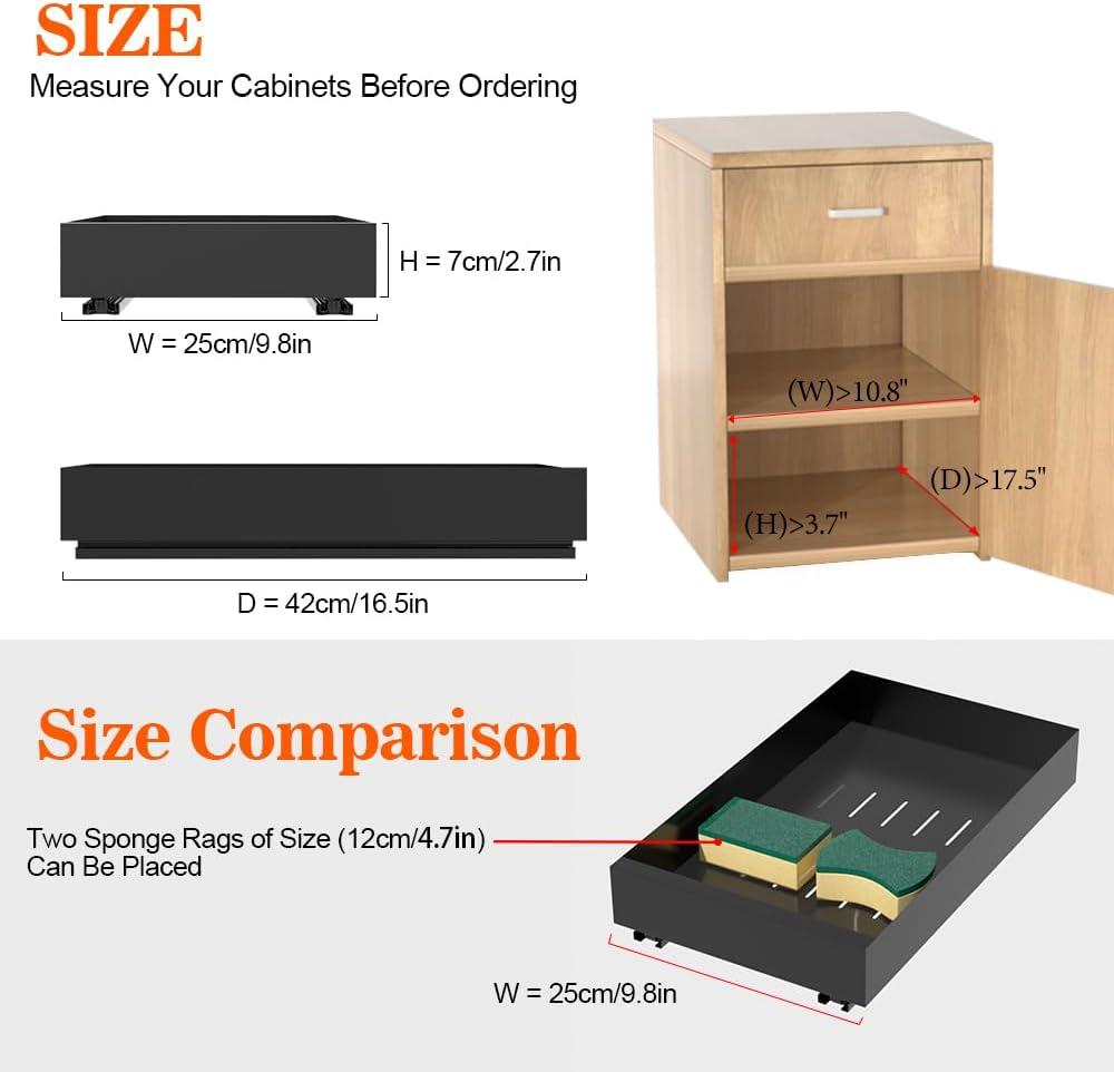Pull Out Cabinet Organizer, Carbon Steel Cabinet Drawers Slide Out, Pantry Storage Shelves with Nano Adhesive Strip for Kitchen, Bathroom and Living Room 10.3" W X 17.0" D X 2.8H Grey