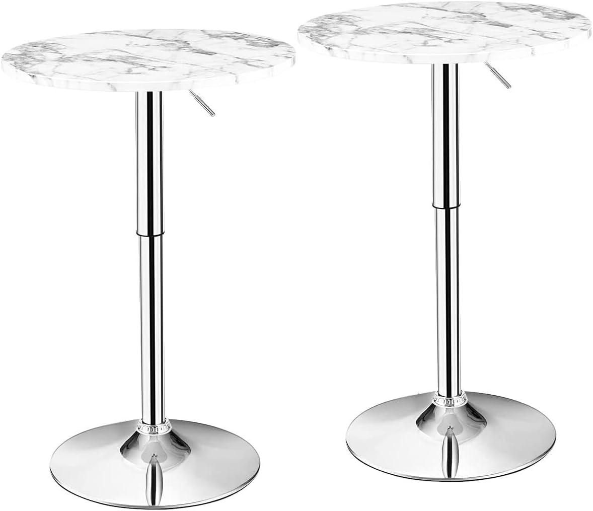 Gymax Round Pub Table Height Adjustable Bistro Bar Table 360-degree Swivel w/Faux Marble Top