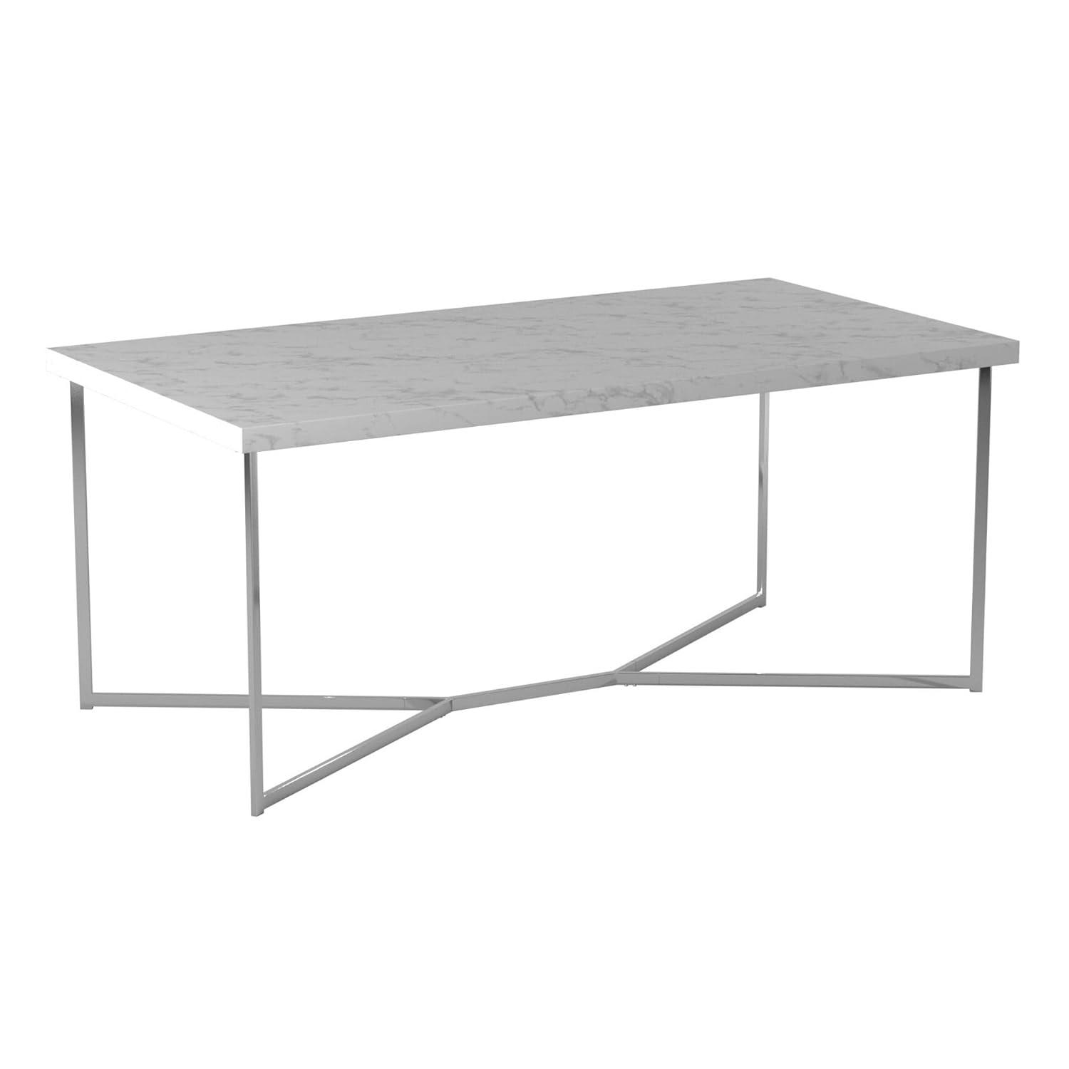 42" Rectangular Coffee Table in White Faux Marble with Chrome Metal Base