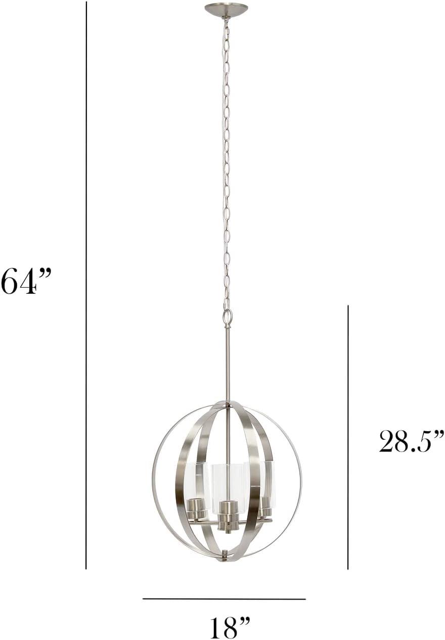 18" Adjustable 3Lt Metal and Clear Glass Hanging Ceiling Pendant Brushed Nickel