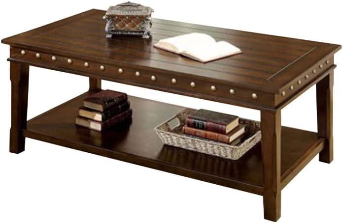 Rustic Oak Brown Solid Wood Coffee & End Table Set with Nailhead Accents