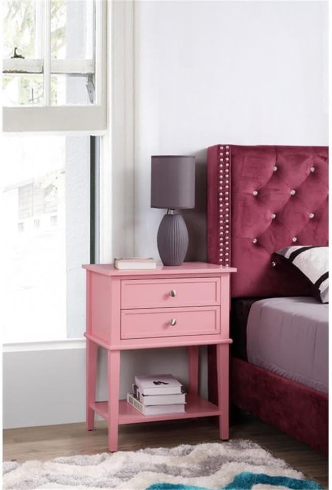 Pink 2-Drawer Nightstand with Open Shelf and Nickel Pulls