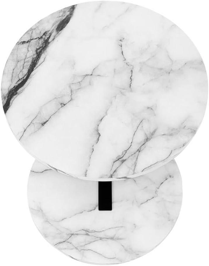 17 Stories Accent Table, Side, Round, End, Nightstand, Lamp, Living Room, Bedroom, White Marble Look Laminate, Black Metal, Contemporary, Modern