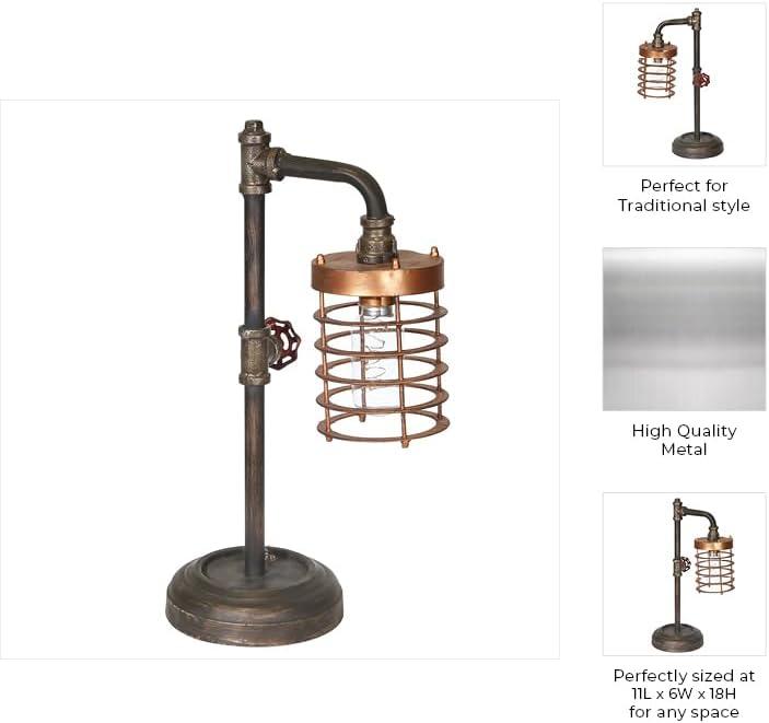 Sagebrook Home Industrial Style Metal Pipe Table Lamp, Bulb Included, Battery Operated, Black and Copper, 17.75"H