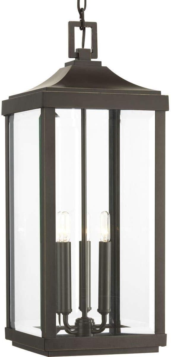 Progress Lighting, Devereux, 3-Light Outdoor Hanging Lantern, Antique Bronze, Etched White Pillar Shade