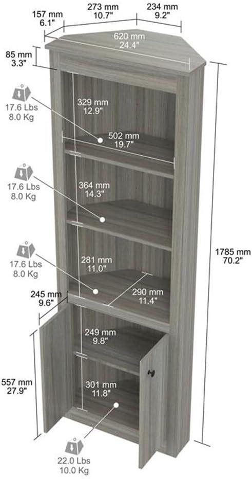 70.02" Corner Bookshelf Gray - Inval: Modern Smoke Oak, 3 Shelves, Double Door Storage