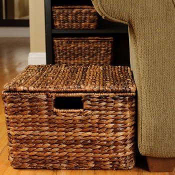 Storage Shelf Organizer Baskets with Handles - Set of 3 - Seagrass Wicker Basket - Pantry Living Room Office-Bathroom Shelves Organization - Under Shelf Basket - Handwoven (Natural)