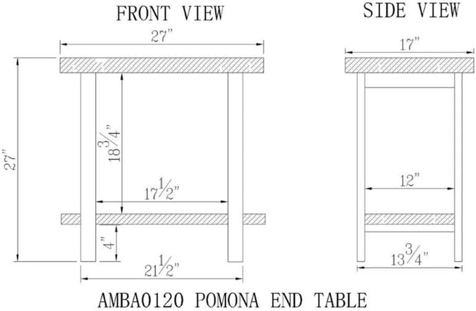 Pomona Solid Wood and Metal End Table with Shelf - Alaterre Furniture: Rustic Design, Fixed Shelf, Rectangle Shape