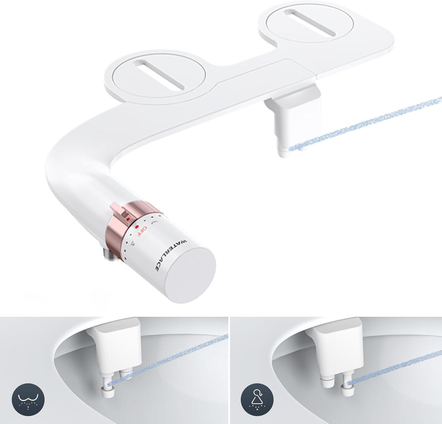 Bidet Attachment for Toilet, Dual Nozzle Bidet Toilet Seat, Non-Electric Ultra-Thin Bidets for Existing Toilets, Rear/Feminine Wash with Adjustable Water Pressure (Rose Gold)