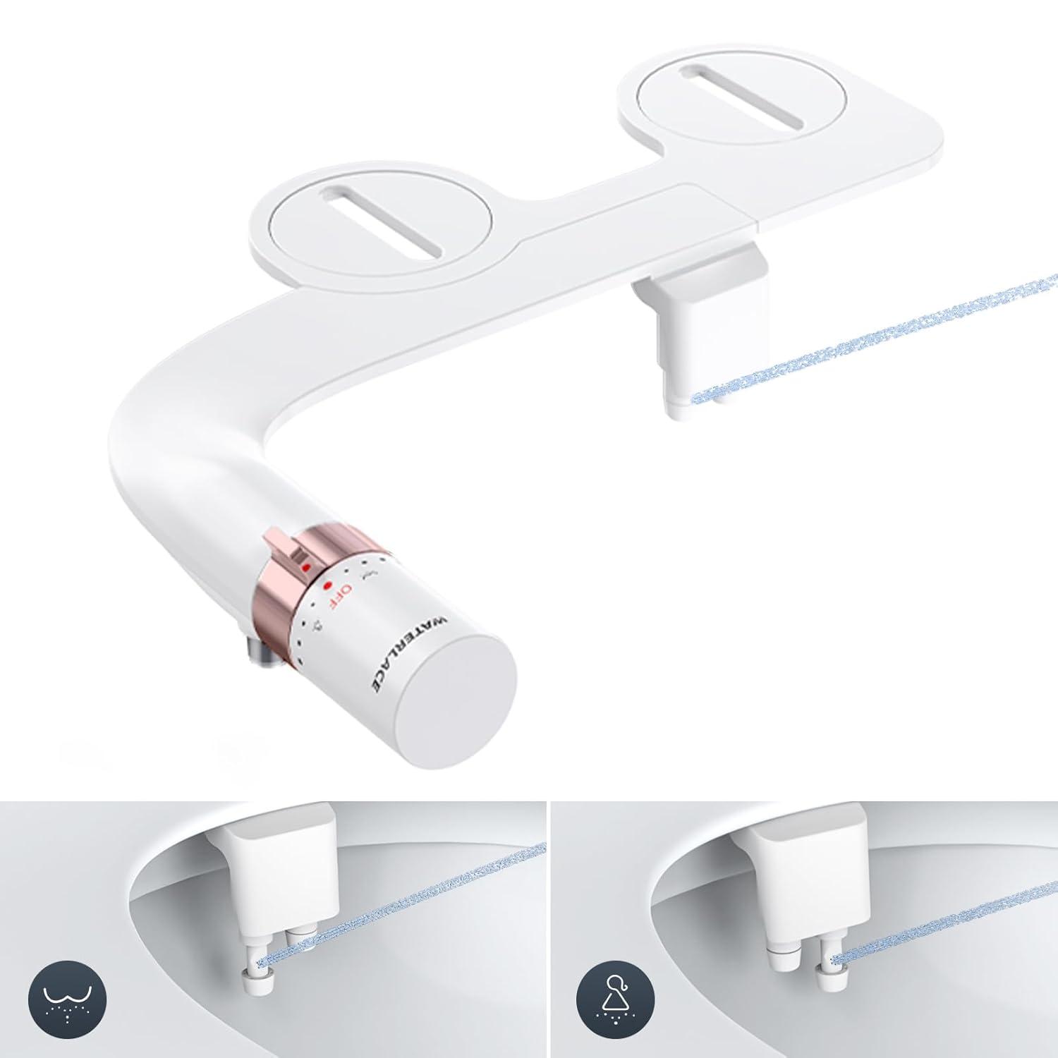 Bidet Attachment for Toilet, Dual Nozzle Bidet Toilet Seat, Non-Electric Ultra-Thin Bidets for Existing Toilets, Rear/Feminine Wash with Adjustable Water Pressure (Rose Gold)
