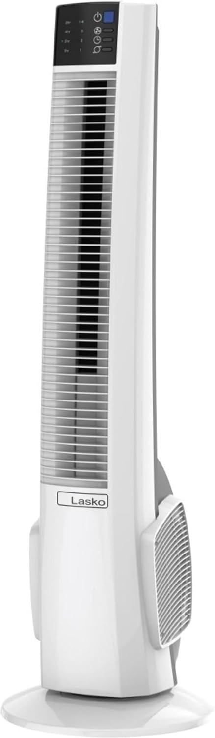 Hybrid 38 in. 4 Speed Oscillating White Tower Fan with Auto Shut-Off Timer and Remote Control